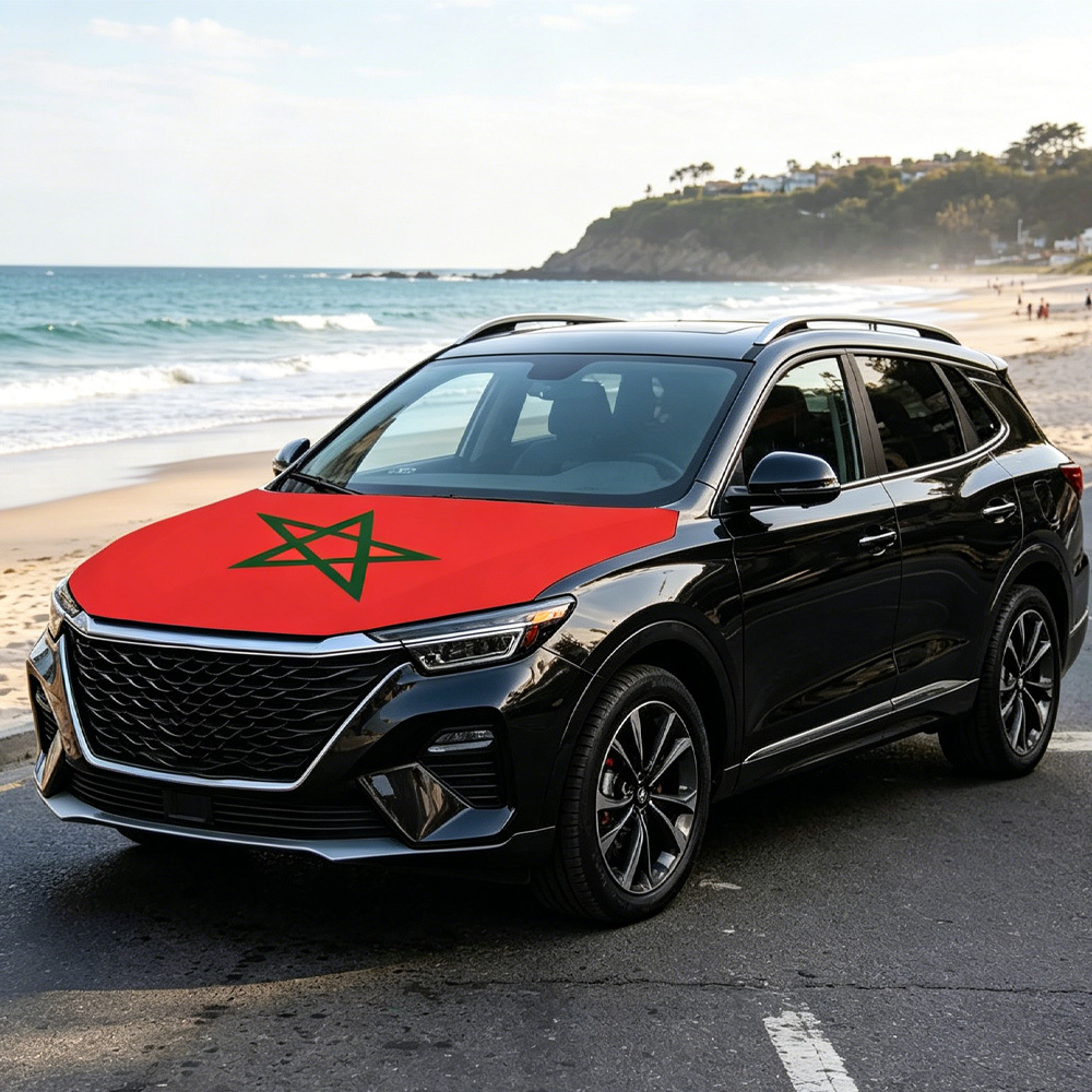 Car Accessories Banner - Marokkanische Nationalflagge Motorhaubenabdeckung, Elastische Stoffabdeckung für