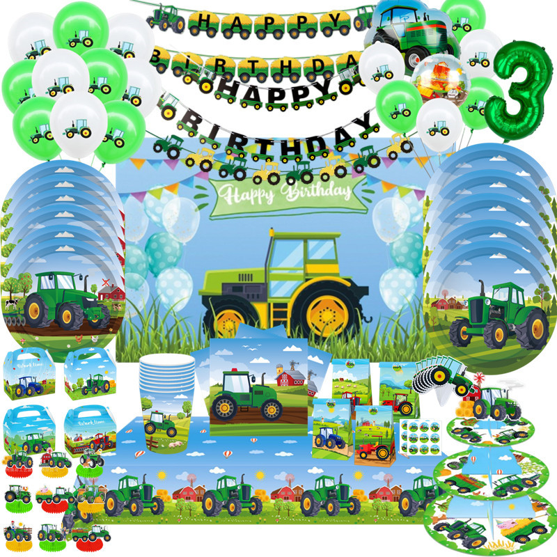 Car Accessories Banner - Grünes Bauernhof-Traktor-Thema, Einweggeschirr, Pappbecher, Teller, Bagger,